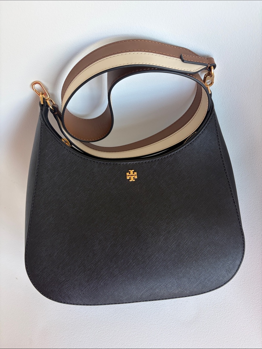 Tory Burch Robinson Crosshatched Convertible Crescent Bag Black